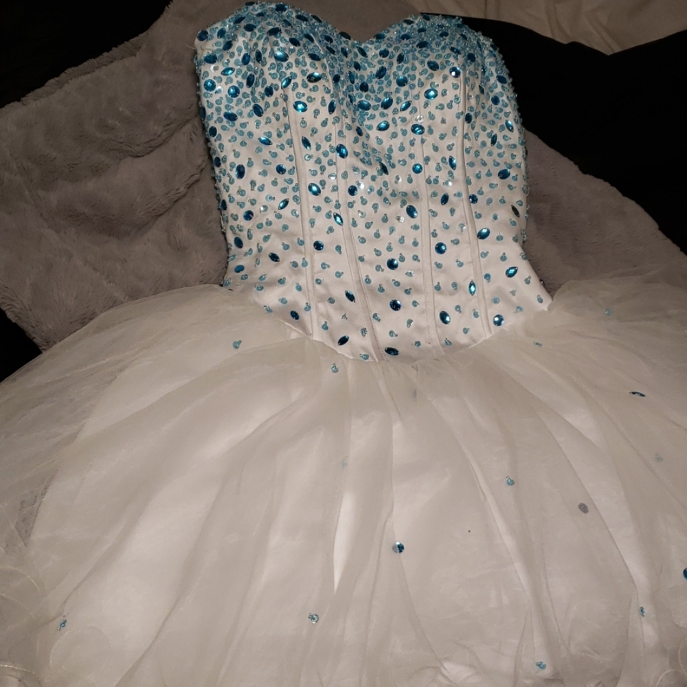 Ombre blue gems on white flair tulle dress corset